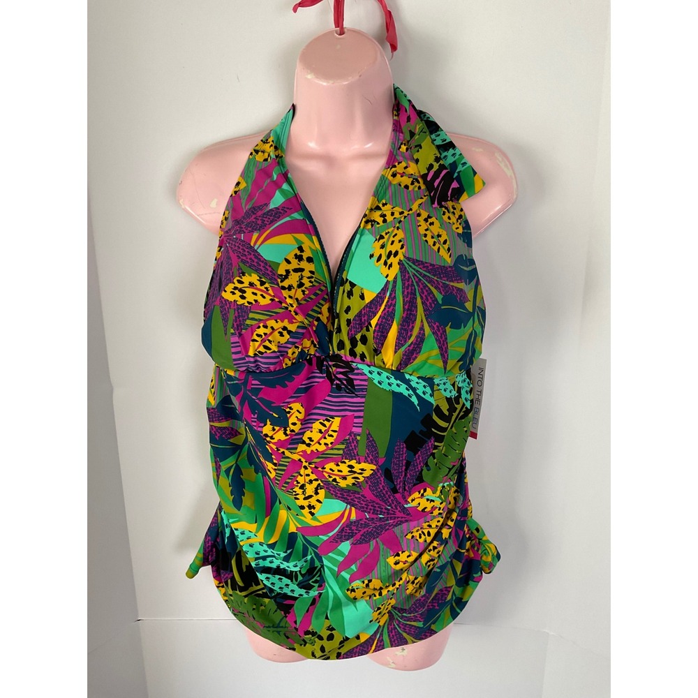 Into The Bleu Tropical Leaf Halter Tankini Set XXL Multicolor Teal 273187 NEW